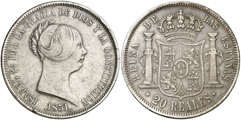 1851. Isabel II. Madrid. 20 reales. (AC. 593). 26,03 g. BC+/MBC-.