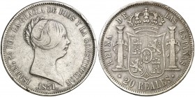 1851. Isabel II. Madrid. 20 reales. (AC. 593). 26,03 g. BC+/MBC-.