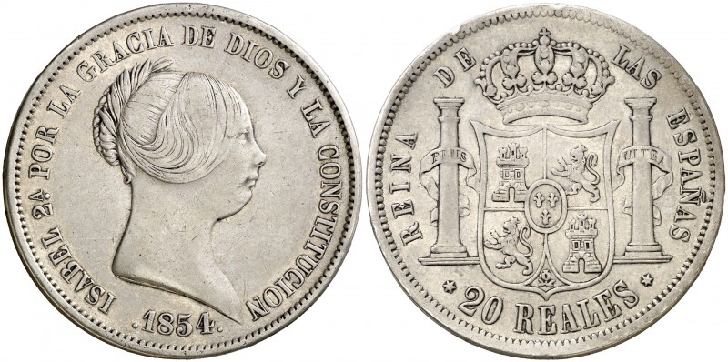 1854. Isabel II. Madrid. 20 reales. (AC. 596). 25,94 g. Golpecitos. MBC-/MBC.