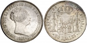 1854. Isabel II. Madrid. 20 reales. (AC. 596). 25,93 g. Leves marquitas. Preciosa pátina. EBC-/EBC.