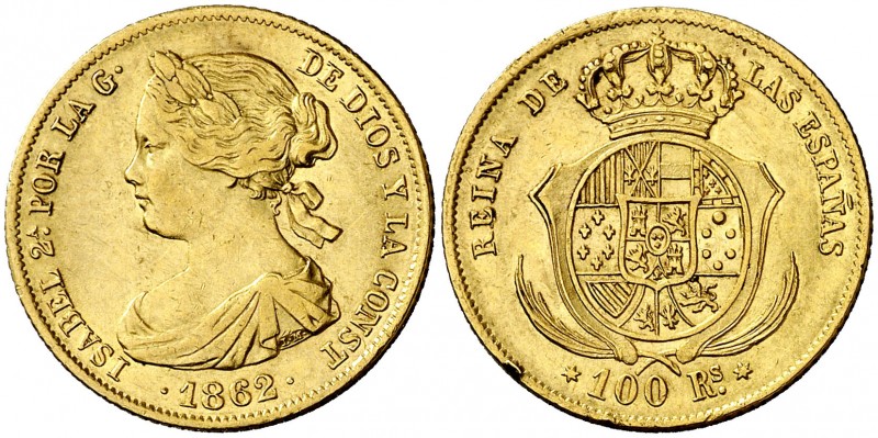 1862. Isabel II. Madrid. 100 reales. (AC. 789). 8,29 g. Golpecitos canto. MBC/MB...