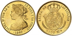 1860/50. Isabel II. Sevilla. 100 reales. (AC. 801). 8,38 g. Leves golpecitos. Brillo original. Escasa. EBC/EBC+.