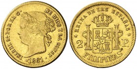 1861. Isabel II. Manila. 2 pesos. (AC. 836). 3,36 g. Ex Colección Elariz. MBC-/MBC.