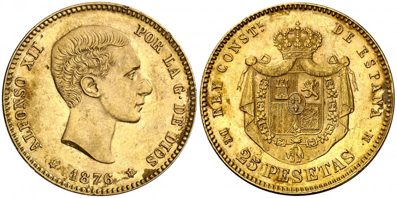 1876*1876. Alfonso XII. DEM. 25 pesetas. (AC. 67). 8,05 g. Golpecito. Ex Áureo &...