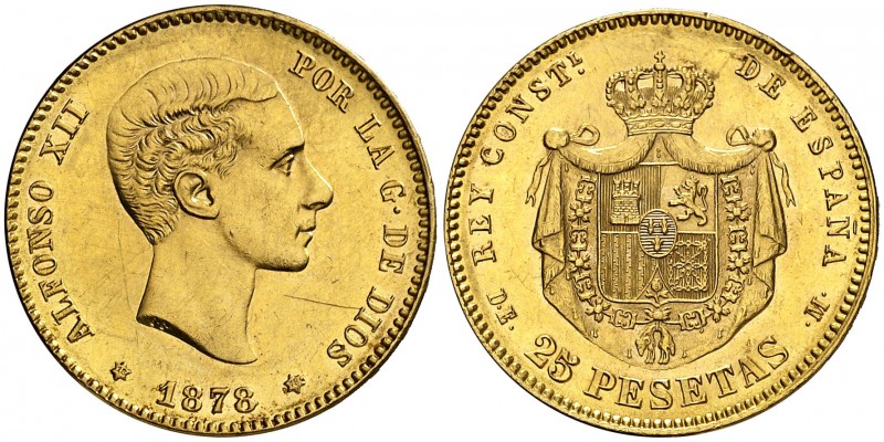 1878*1878. Alfonso XII. DEM. 25 pesetas. (AC. 70). 8,04 g. Rayitas. EBC.