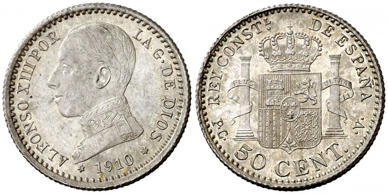 1910*10. Alfonso XIII. PCV. 50 céntimos. (AC. 48). 2,49 g. Bella. Brillo origina...