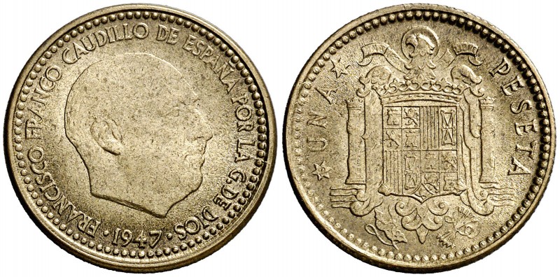 1947*1949. Franco. 1 peseta. (AC. 48). 3,41 g. Rara así. S/C-.