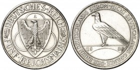1930. Alemania. A (Berlín). 5 reichsmark. (Kr. 71). 25,06 g. AG. Liberación de Renania. Limpiada. Escasa. EBC.