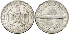 1930. Alemania. D (Múnich). 5 reichsmark. (Kr. 68). 25,10 g. AG. Conde Zeppelin. Leves rayitas. Escasa. EBC.