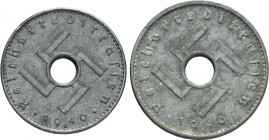1940. Alemania. A (Berlín). 5 y 10 pfennig. (Kr. 98 y 99). Zn. Emisiones militares. Serie de 2 monedas. Escasas. MBC/MBC+.