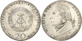 1967. Alemania Oriental. 20 marcos. (Kr. 18.1). 20,89 g. AG. Guillermo von Humboldt. Escasa. S/C.