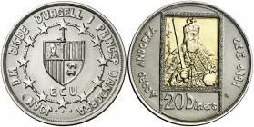 1991. Andorra. 20 diners. (Kr. 72). 26,69 g. Bimetálica. Acuerdo Andorra - CEE. En estuche oficial, con certificado. S/C.