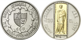 1993. Andorra. 20 diners. (Kr. 90). 26,32 g. Bimetálica. Acuerdo Andorra - CEE. En estuche oficial, con certificado. S/C.