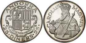 1960. Andorra. 25 diners. (Kr.UWC. MA1). 13,77 g. AG. Carlomagno. Acuñación de 1350 ejemplares. Proof.