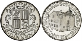 1965. Andorra. 25 diners. (Kr.UWC. M6). 13,88 g. AG. Casa de la Vall. Acuñación de 1350 ejemplares. Proof.