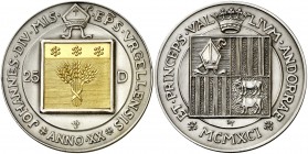 1991. Andorra. 25 diners. (Kr. 69). 26,51 g. Bimetálica. 20º Aniversario del copríncipe episcopal. Acuñación de 2500 ejemplares. En estuche oficial, c...