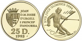 1993. Andorra. 25 diners. (Fr. 19) (Kr. 81). 7,83 g. AU bajo. Juegos Olímpicos de Invierno '94. En estuche oficial, con certificado. Proof.