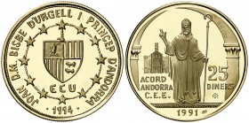 1994. Andorra. 25 diners. (Fr. 22) (Kr. 101). 7,75 g. AU bajo. Acuerdo Andorra - CEE. En estuche oficial, con certificado. Proof.