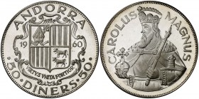1960. Andorra. 50 diners. (Kr.UWC. M1). 28,02 g. AG. Carlomagno. Acuñación de 3100 ejemplares. Proof.