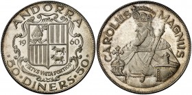 1960. Andorra. 50 diners. (Kr.UWC. M1). 27,90 g. AG. Carlomagno. Acuñación de 3100 ejemplares. Proof.