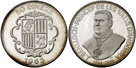 1963. Andorra. 50 diners. (Kr.UWC. M3). 27,71 g. AG. Obispo Benlloch. Acuñación de 3350 ejemplares. Proof.