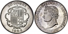 1964. Andorra. 50 diners. (Kr.UWC. M5). 27,76 g. AG. Napoleón. Proof.