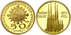 1990. Andorra. 50 diners. (Fr. 9) (Kr. 64). 16,99 g. AU. Antoni Gaudí. En estuche oficial, con certificado. Proof.