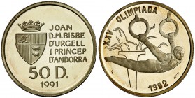 1991. Andorra. 50 diners. (Fr. 9) (Kr. 70). 13,26 g. AU bajo. Juegos Olímpicos - Barcelona '92. En estuche oficial, con certificado. Proof.