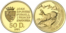 1991. Andorra. 50 diners. (Fr. 10) (Kr. 68). 15,55 g. AU. Protección de la naturaleza. Acuñación de 2500 ejemplares. En estuche oficial, con certifica...