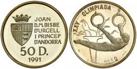 1991. Andorra. 50 diners. (Fr. 11) (Kr. 70). 13,23 g. AU. Juegos Olímpicos - Barcelona '92. En estuche oficial, con certificado. Proof.