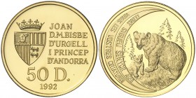 1992. Andorra. 50 diners. (Fr. 15) (Kr. 77). 15,55 g. AU. Conservación de la Naturaleza. Con certificado. Proof.