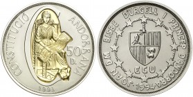 1994. Andorra. 50 diners. (Kr. 104). 159,17 g. Bimetálica. 1r Aniversario de la Constitución. En estuche oficial, con certificado. S/C.