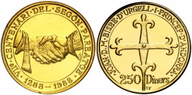 1988. Andorra. 250 diners. (Fr. 4) (Kr. 45). 12 g. AU. VIIè Centenari del Segon Pareatge. Acuñación de 3000 ejemplares. En expositor oficial. S/C.