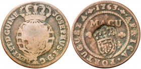 (1837). Angola. 1/2 macuta. (Kr. 49.1). 8,54 g. CU. Contramarca armas portuguesas sobre 1/4 macuta de 1763. MBC.