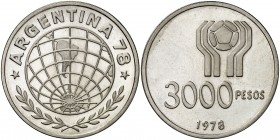 1978. Argentina. 3000 pesos. (Kr. 80). 24,86 g. AG. Mundial de Fútbol. Acuñación de 1750 ejemplares. Proof.