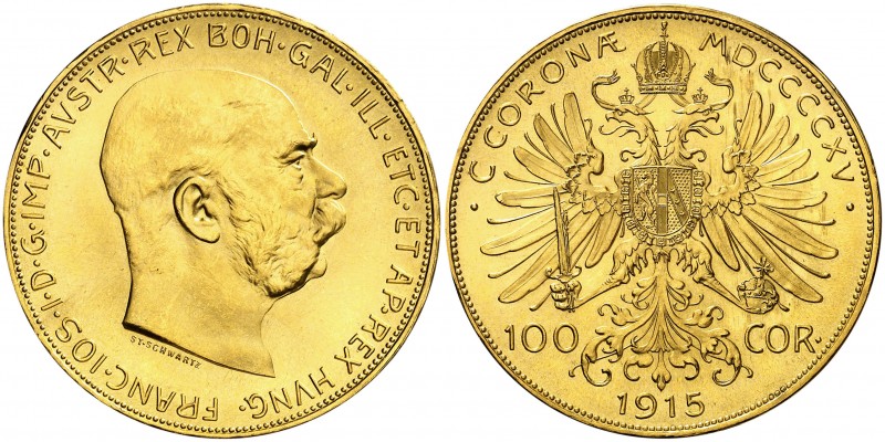 1915. Austria. Francisco José I. 100 coronas. (Fr. 507R) (Kr. 2819). 33,87 g. AU...