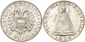 1936. Austria. 5 chelines. (Kr. 2853). 14,99 g. AG. Virgen de Mariazell, patrona de Austria. S/C-.