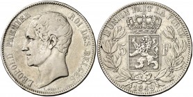 1849. Bélgica. Leopoldo I. 5 francos. (Kr. 17). 24,86 g. AG. BC+/MBC-.