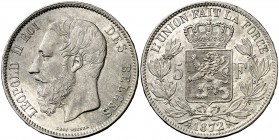 1872. Bélgica. Leopoldo II. 5 francos. (Kr. 24). 24,92 g. AG. Leves golpecitos. Brillo orginal. EBC/EBC+.