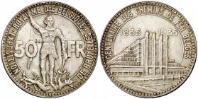1935. Bélgica. Leopoldo II. 50 francos. (Kr. 106.1). 21,93 g. AG. Centenario del Ferrocarril Belga. Bella pátina. Escasa. EBC+.