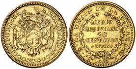 1902. Bolivia. 1/2 boliviano / 20 centavos. (Kr. Pn54). 3,56 g. Latón. Prueba. Muy rara. EBC-.