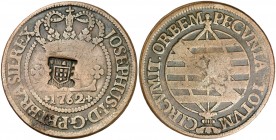 1762. Brasil. José I. B (Bahía). 40 reis. (Kr. 189) (Gomes 91.01). 26,89 g. CU. Resello "Escudete", Juan, Príncipe Regente (1799-1816). MBC-.