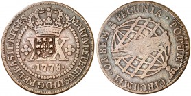 1778. Brasil. María I y Pedro III. 20 reis. (Kr. 282) (Gomes 81.01). 14,28 g. CU. Resello "Escudete", Juan, Príncipe Regente (1799-1816). MBC.