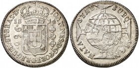1814. Brasil. Juan, Príncipe Regente. B (Bahía). 960 reis. (Kr. 307.1) (Gomes 31.08). 26,81 g. AG. Acuñada sobre un real de a 8 español. MBC+.