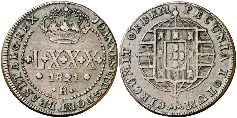 1821. Brasil. Juan VI. R (Río). 80 reis. (Kr. 342.2) (Gomes 11.01). 24,12 g. CU....