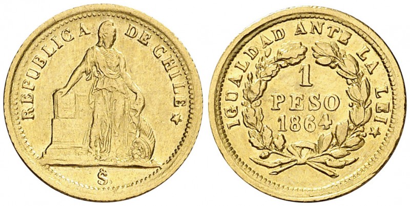 1864. Chile. Santiago. 1 peso. (Fr. 48) (Kr. 133). 1,50 g. AU. MBC/MBC+.