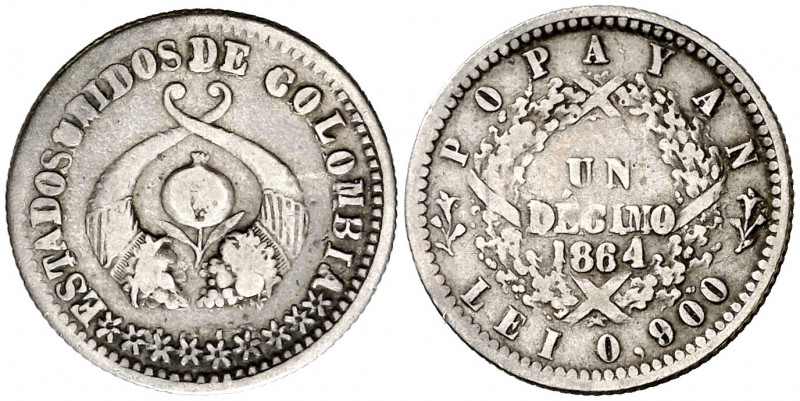 1864/48. Colombia. Popayán. 1 décimo. (Kr. 145.2). 2,33 g. AG. Escasa. MBC-.