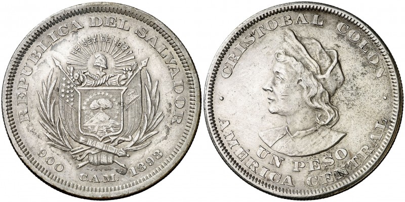 1893. El Salvador. CAM (San Salvador). 1 peso. (Kr. 115.1). 24,84 g. AG. MBC.