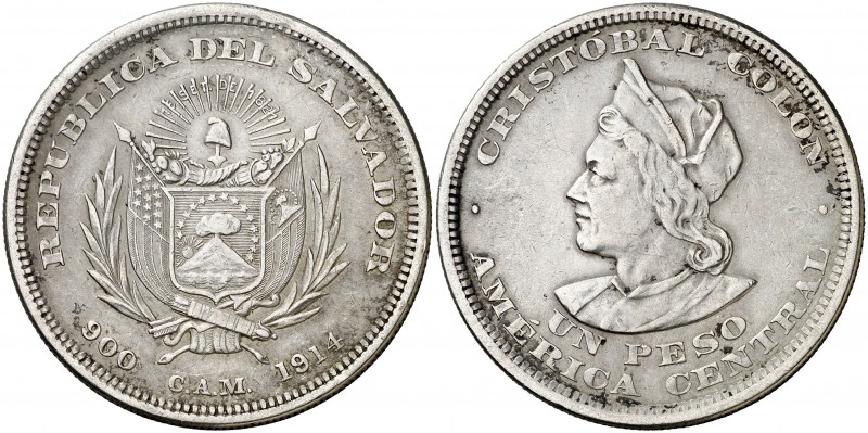 1914. El Salvador. CAM (San Salvador). 1 peso. (Kr. 115.2). 24,88 g. AG. MBC.