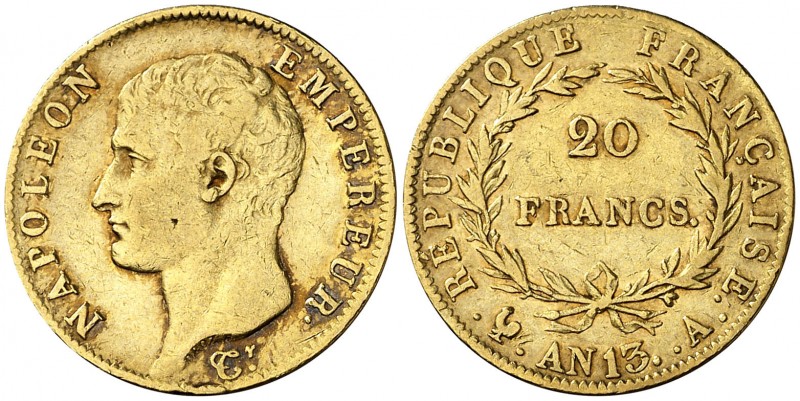 An 13 (1804-1805). Francia. Napoleón. A (París). 20 francos. (Fr. 487a) (Kr. 663...